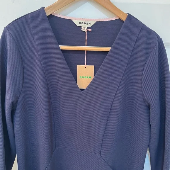 NWT! Boden Navy Ribbed Brontë Ottoman V Neck Knee Length Dress 3/4 Sleeve Sz 12 - Picture 3 of 11